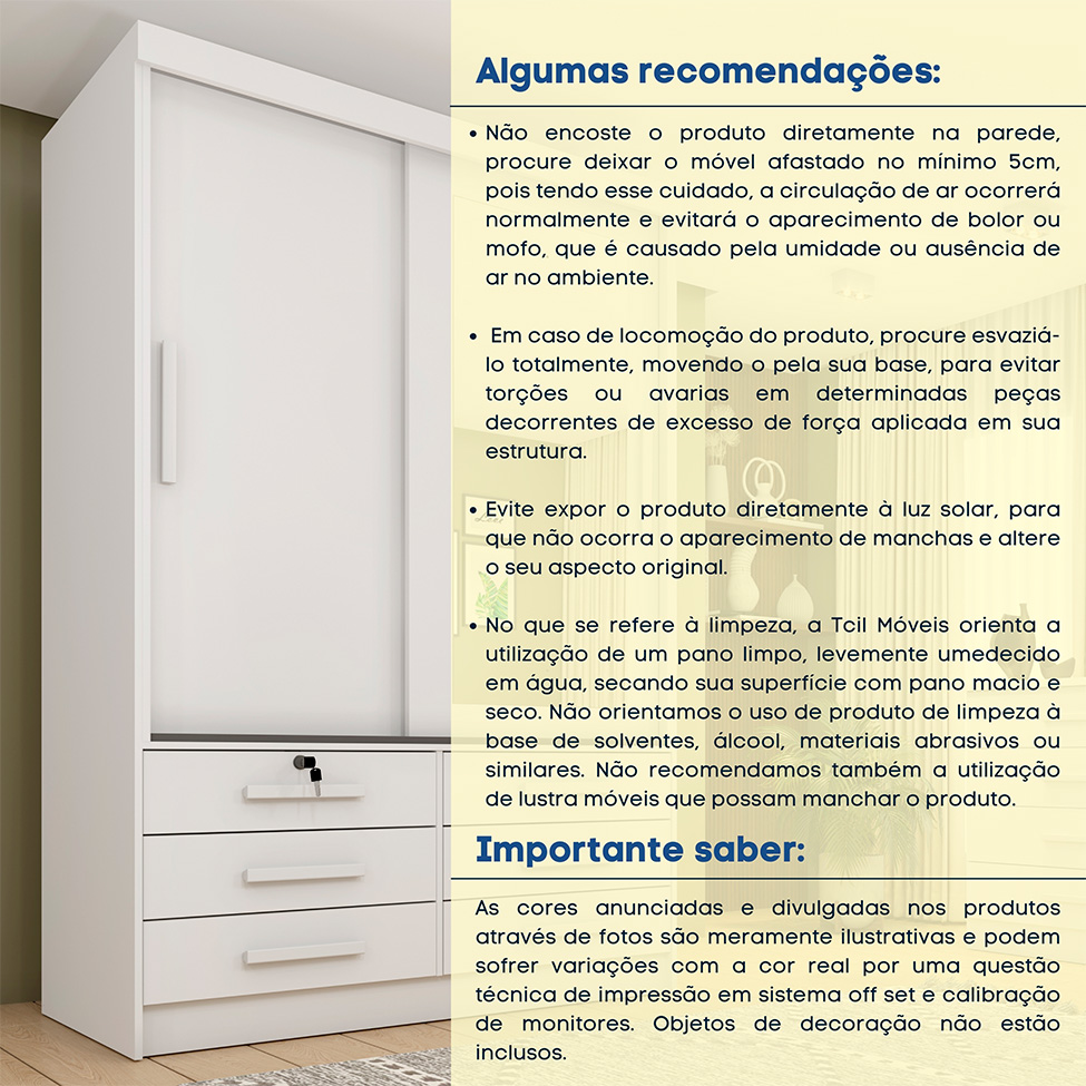 Guarda-Roupa Solteiro com Espelho Chicago com Pés 2 Portas 6 Gavetas Neve