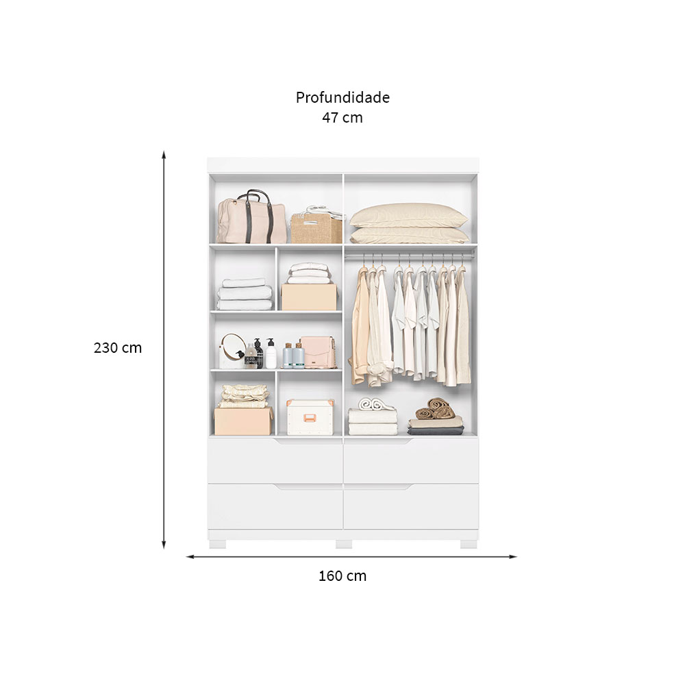 Guarda-Roupa Solteiro com Espelho Doble 4 Portas 4 Gavetas Branco