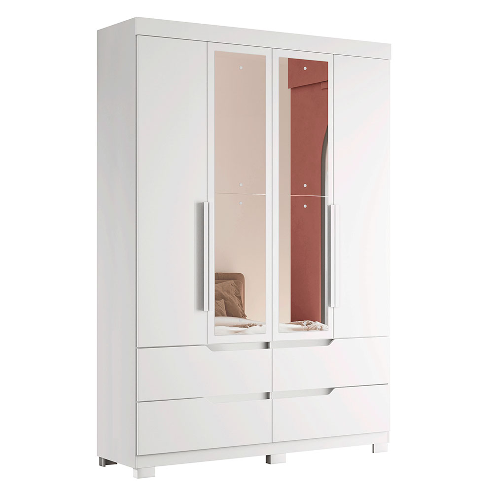 Guarda-Roupa Solteiro com Espelho Doble 4 Portas 4 Gavetas Branco