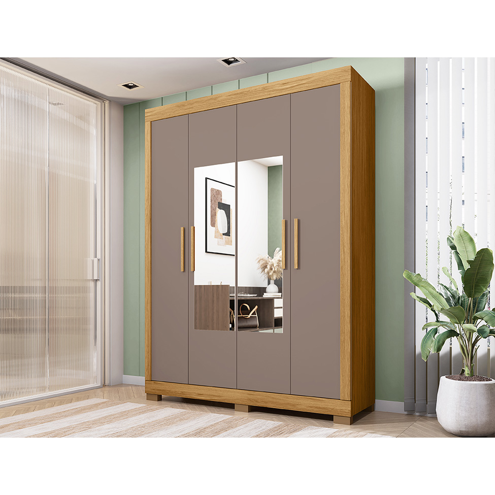 Guarda-Roupa Solteiro com Espelho Eden 4 Portas 2 Gavetas Lamina Mel e Cacao
