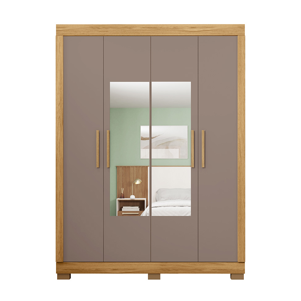Guarda-Roupa Solteiro com Espelho Eden 4 Portas 2 Gavetas Lamina Mel e Cacao