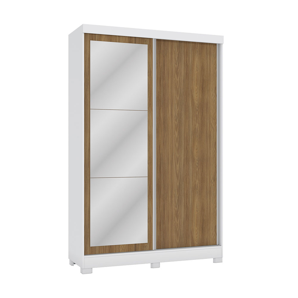 Guarda-Roupa Solteiro com Espelho Erica 2 Portas 2 Gavetas Branco e Nogueira