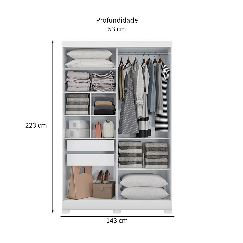 Guarda-Roupa Solteiro com Espelho Erica 2 Portas 2 Gavetas Branco e Nogueira