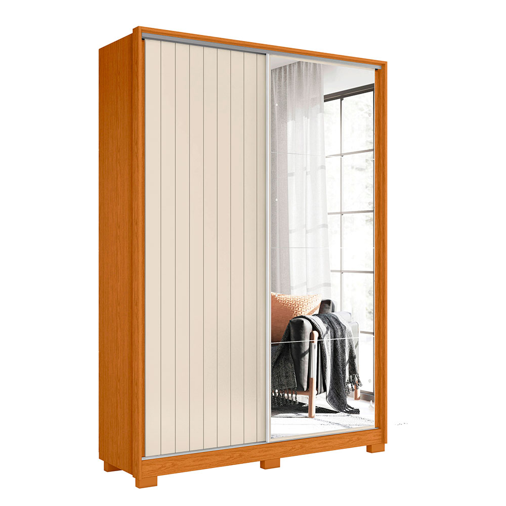 Guarda-Roupa Solteiro com Espelho Frizatto Flex 2 Portas 3 Gavetas Cinamomo e Off White