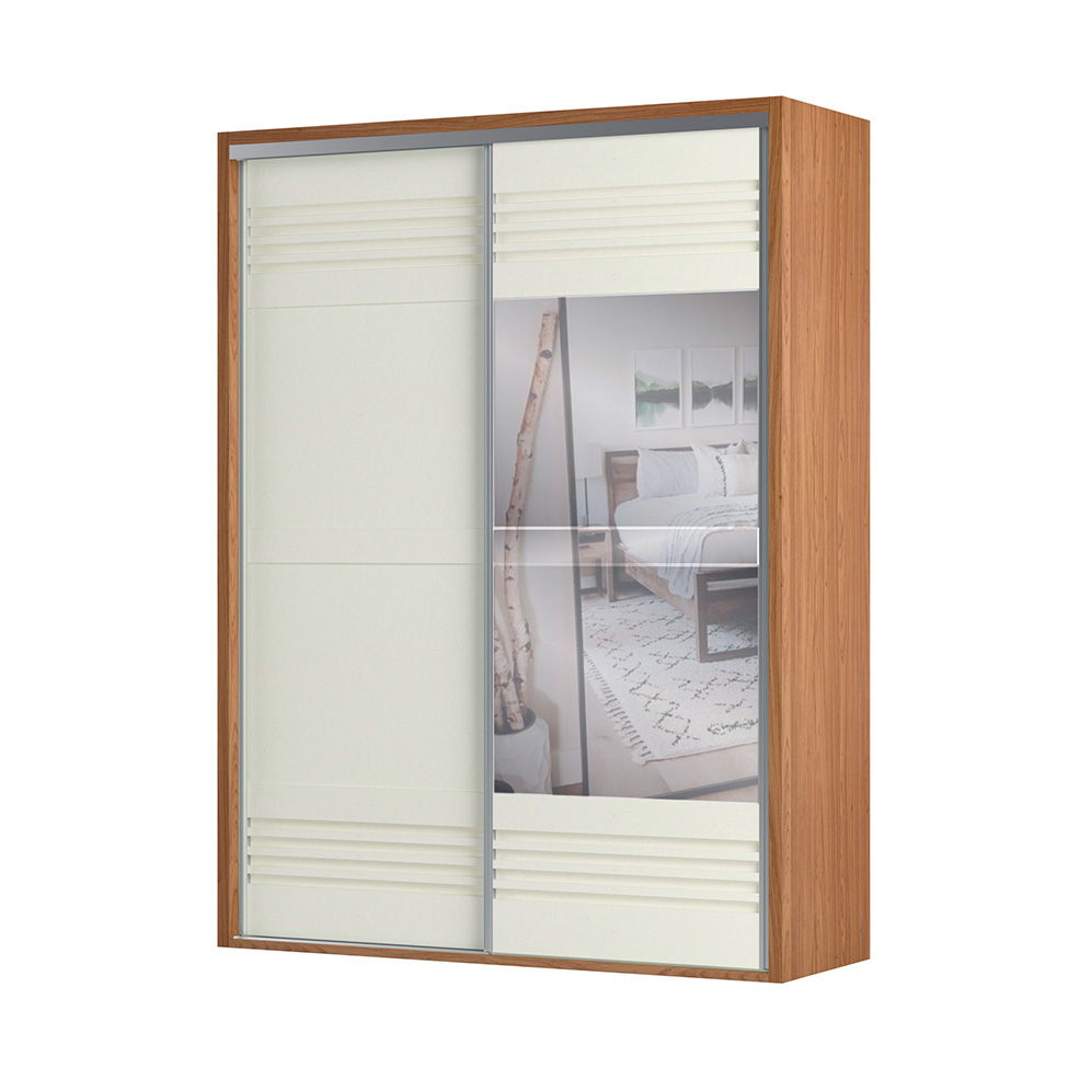 Guarda-Roupa Solteiro com Espelho Girona 100% MDF 2 Portas 2 Gavetas Freijó e Off White