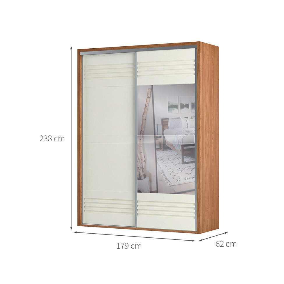 Guarda-Roupa Solteiro com Espelho Girona 100% MDF 2 Portas 2 Gavetas Freijó e Off White