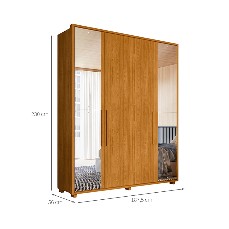 Guarda-Roupa Solteiro com Espelho Greco 4 Portas 3 Gavetas Cinamomo