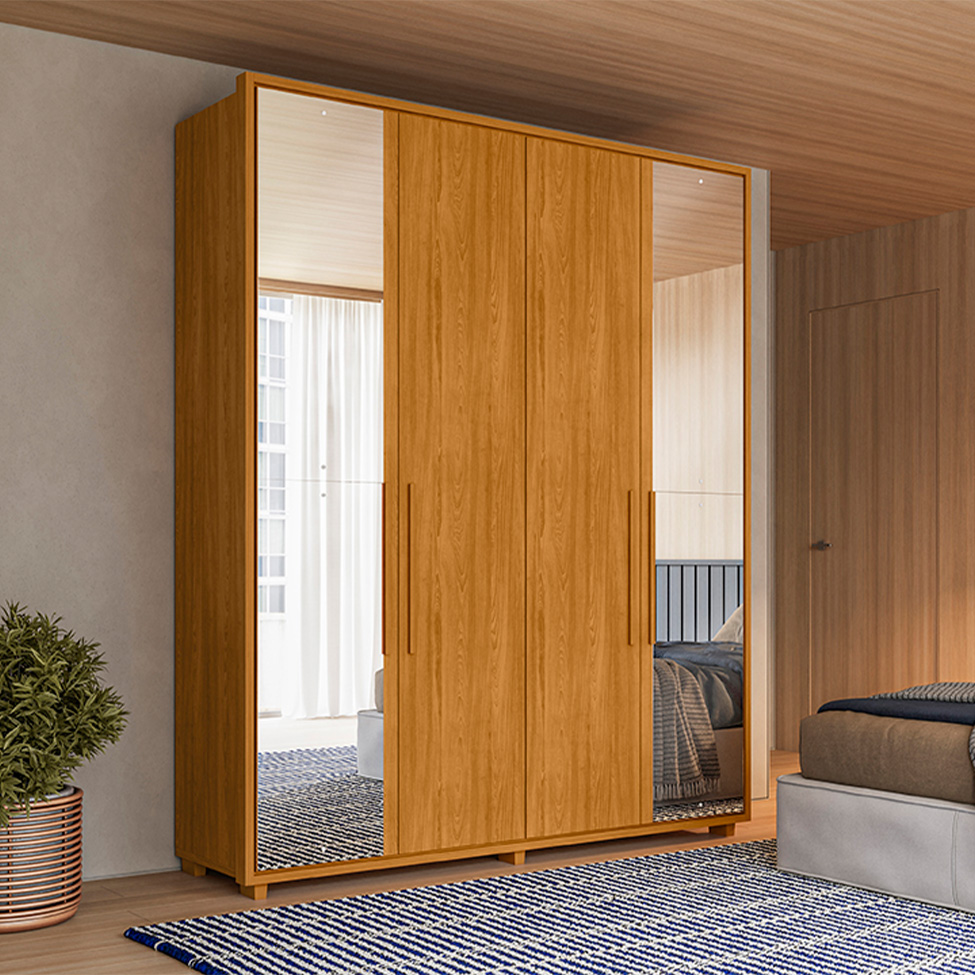 Guarda-Roupa Solteiro com Espelho Greco 4 Portas 3 Gavetas Cinamomo