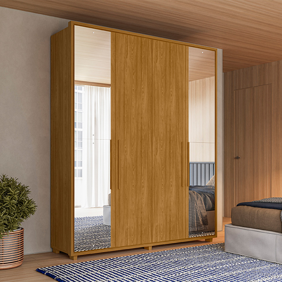 Guarda-Roupa Solteiro com Espelho Greco 4 Portas 3 Gavetas Cumaru