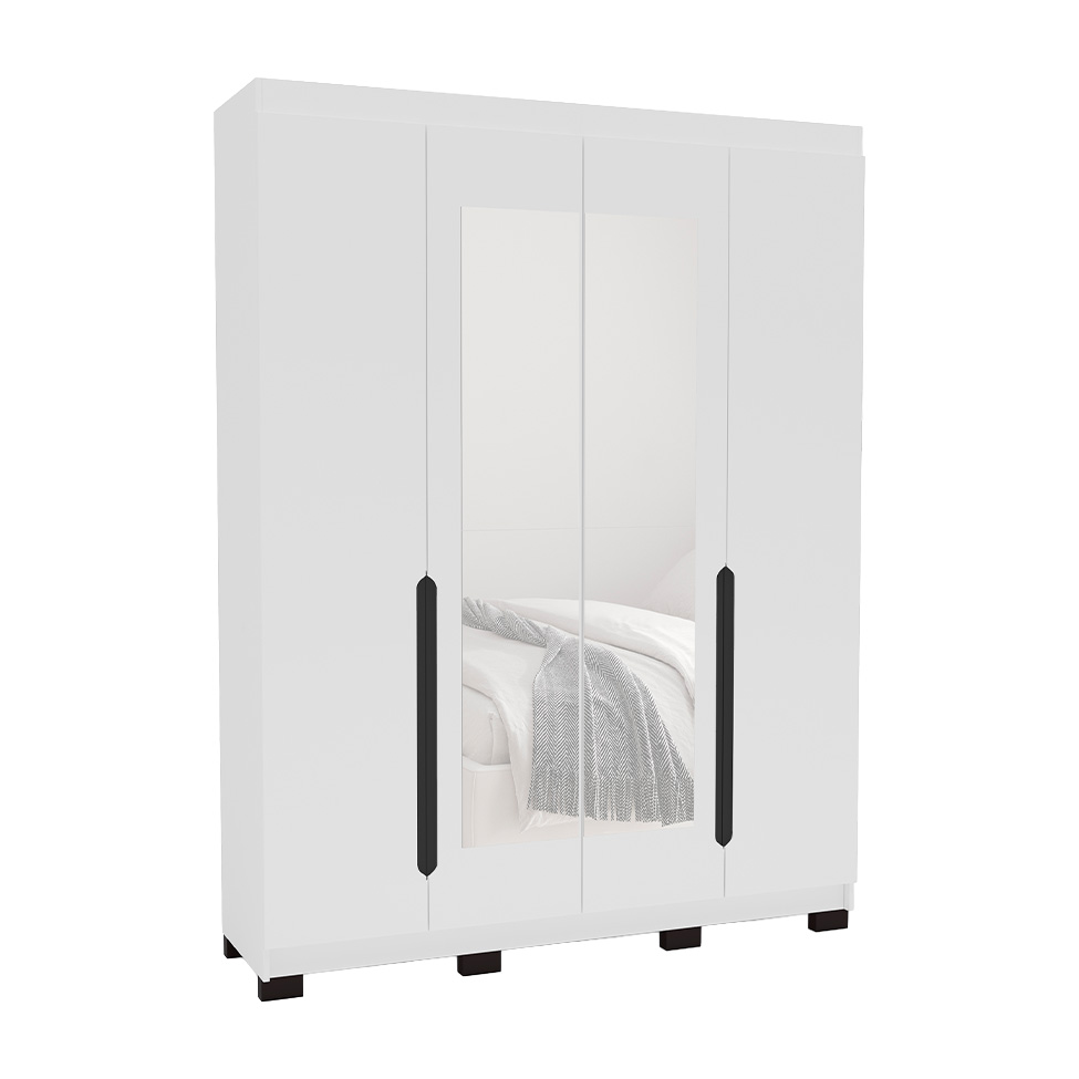 Guarda-Roupa Solteiro com Espelho Madrid 4 Portas 4 Gavetas Branco