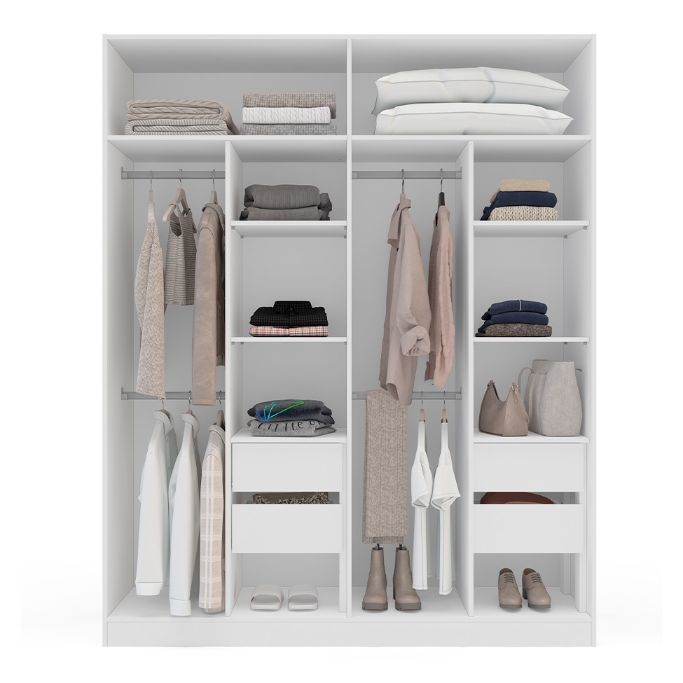 Guarda-Roupa Solteiro com Espelho Madrid 4 Portas 4 Gavetas Branco