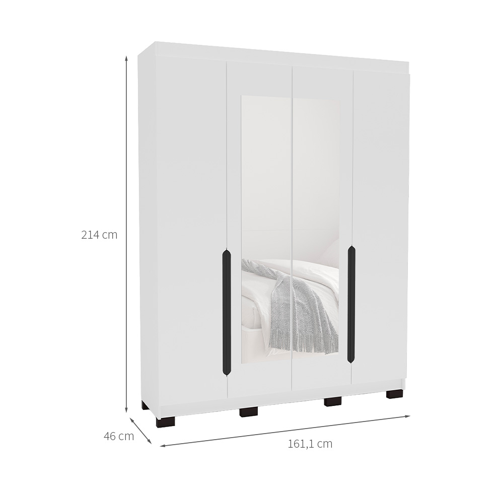 Guarda-Roupa Solteiro com Espelho Madrid 4 Portas 4 Gavetas Branco