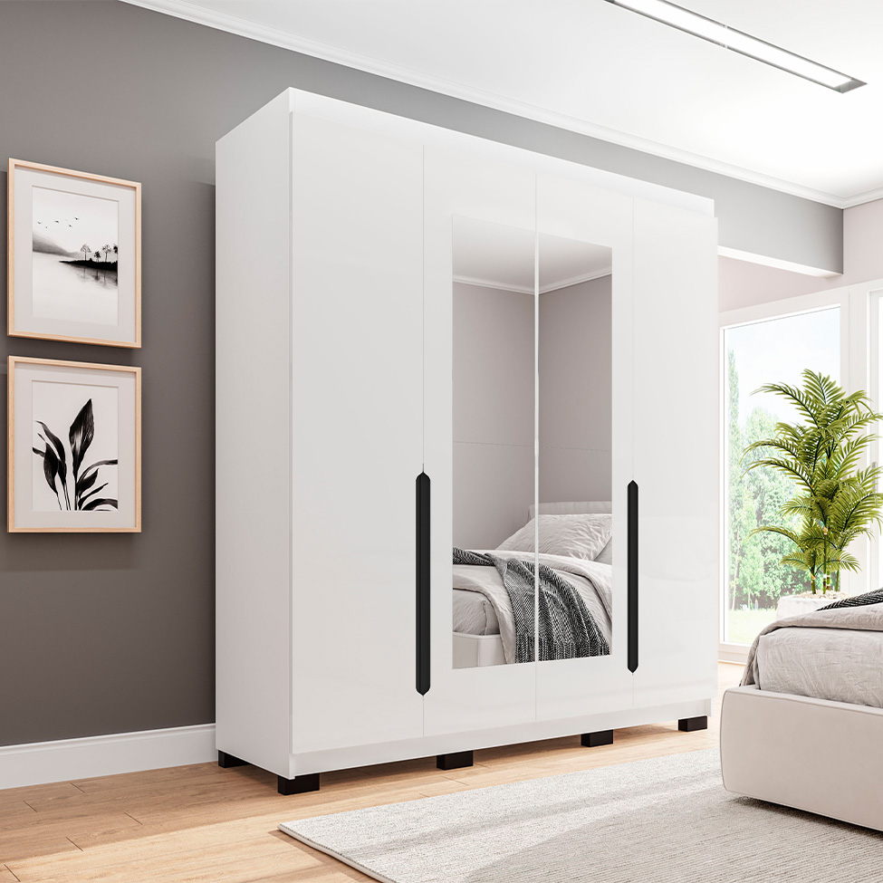 Guarda-Roupa Solteiro com Espelho Madrid 4 Portas 4 Gavetas Branco