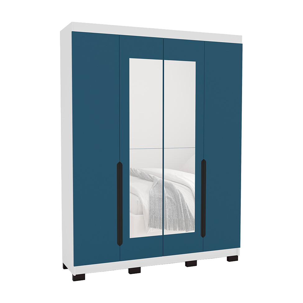 Guarda-Roupa Solteiro com Espelho Madrid 4 Portas 4 Gavetas Branco e Azul