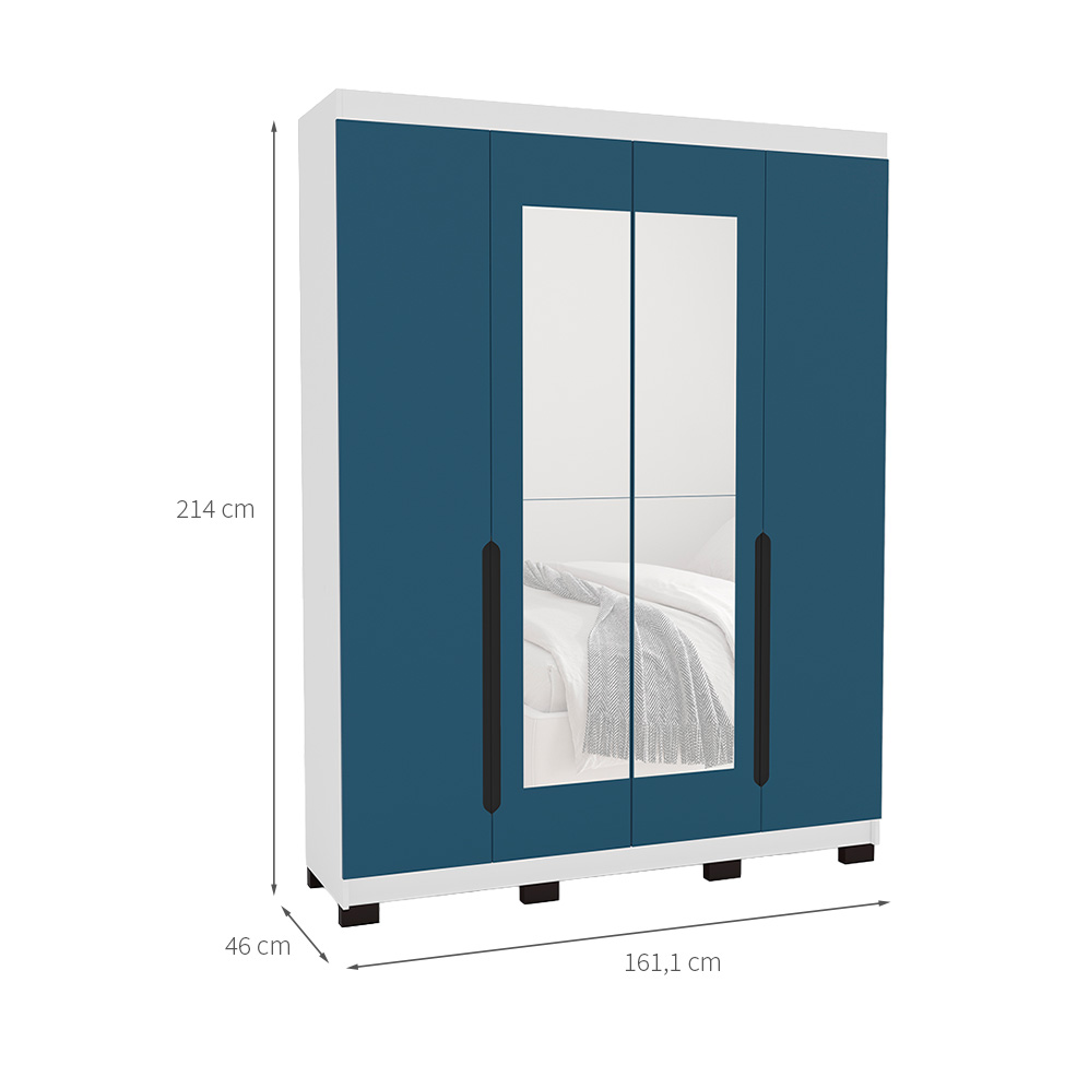 Guarda-Roupa Solteiro com Espelho Madrid 4 Portas 4 Gavetas Branco e Azul