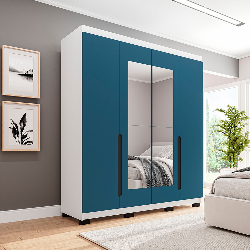 Guarda-Roupa Solteiro com Espelho Madrid 4 Portas 4 Gavetas Branco e Azul