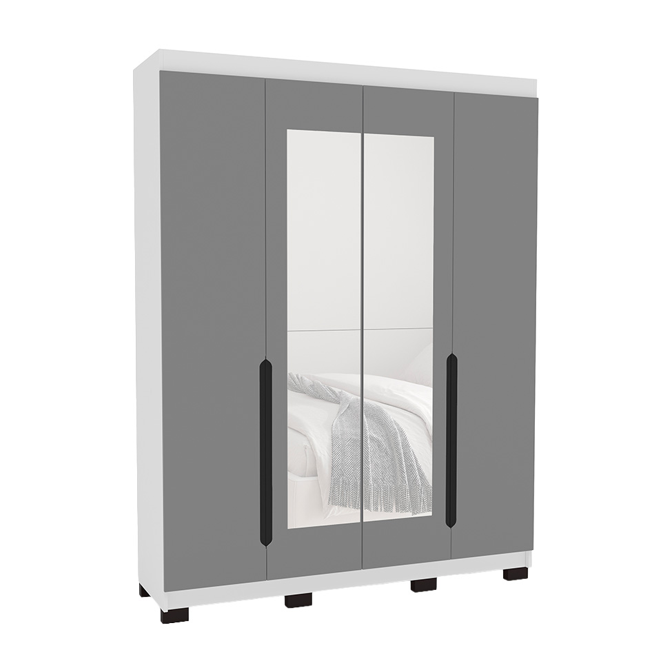 Guarda-Roupa Solteiro com Espelho Madrid 4 Portas 4 Gavetas Branco e Cinza