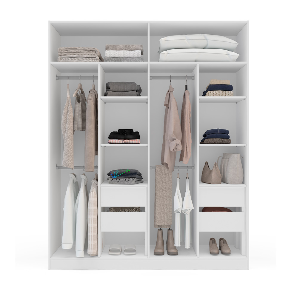 Guarda-Roupa Solteiro com Espelho Madrid 4 Portas 4 Gavetas Branco e Cinza