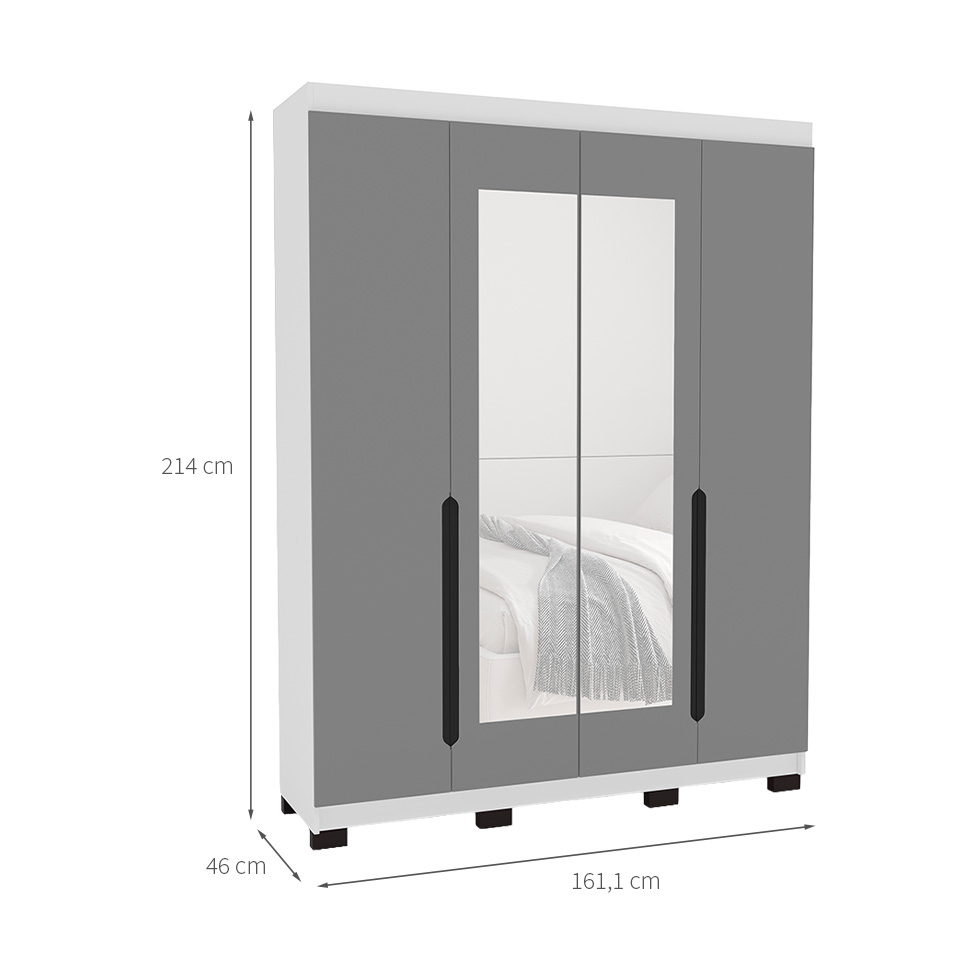 Guarda-Roupa Solteiro com Espelho Madrid 4 Portas 4 Gavetas Branco e Cinza