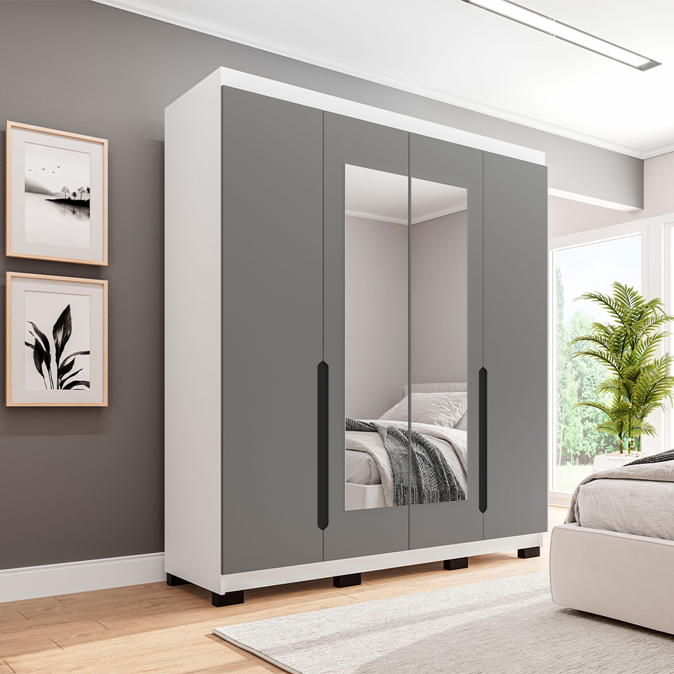 Guarda-Roupa Solteiro com Espelho Madrid 4 Portas 4 Gavetas Branco e Cinza