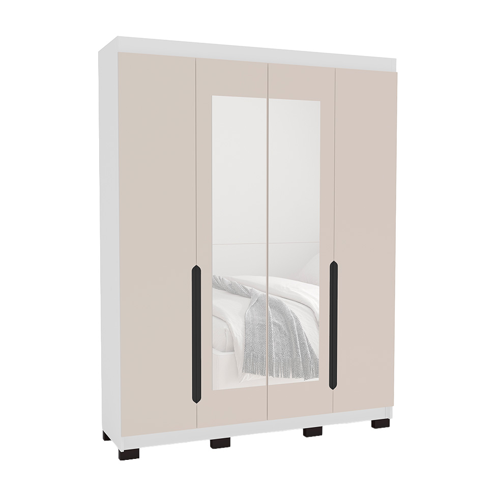 Guarda-Roupa Solteiro com Espelho Madrid 4 Portas 4 Gavetas Branco e Creme