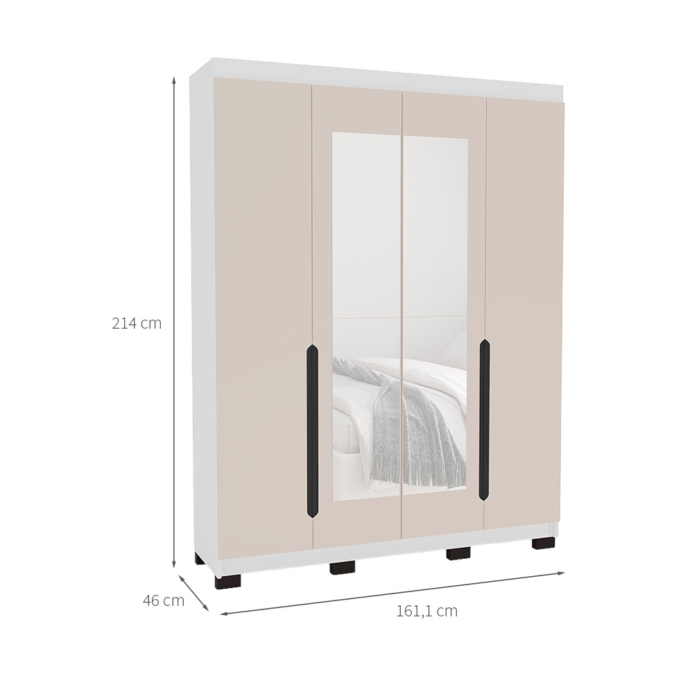 Guarda-Roupa Solteiro com Espelho Madrid 4 Portas 4 Gavetas Branco e Creme