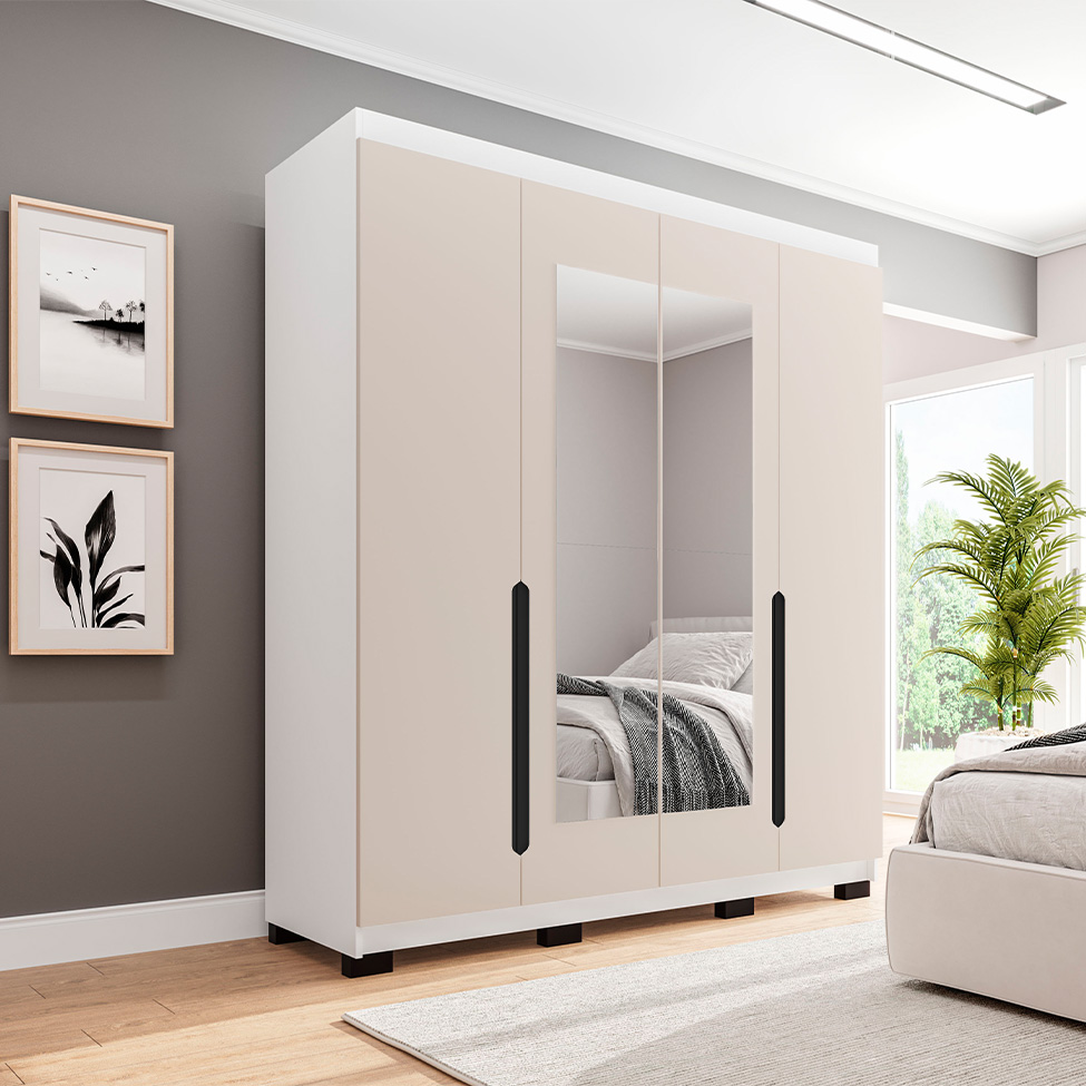 Guarda-Roupa Solteiro com Espelho Madrid 4 Portas 4 Gavetas Branco e Creme