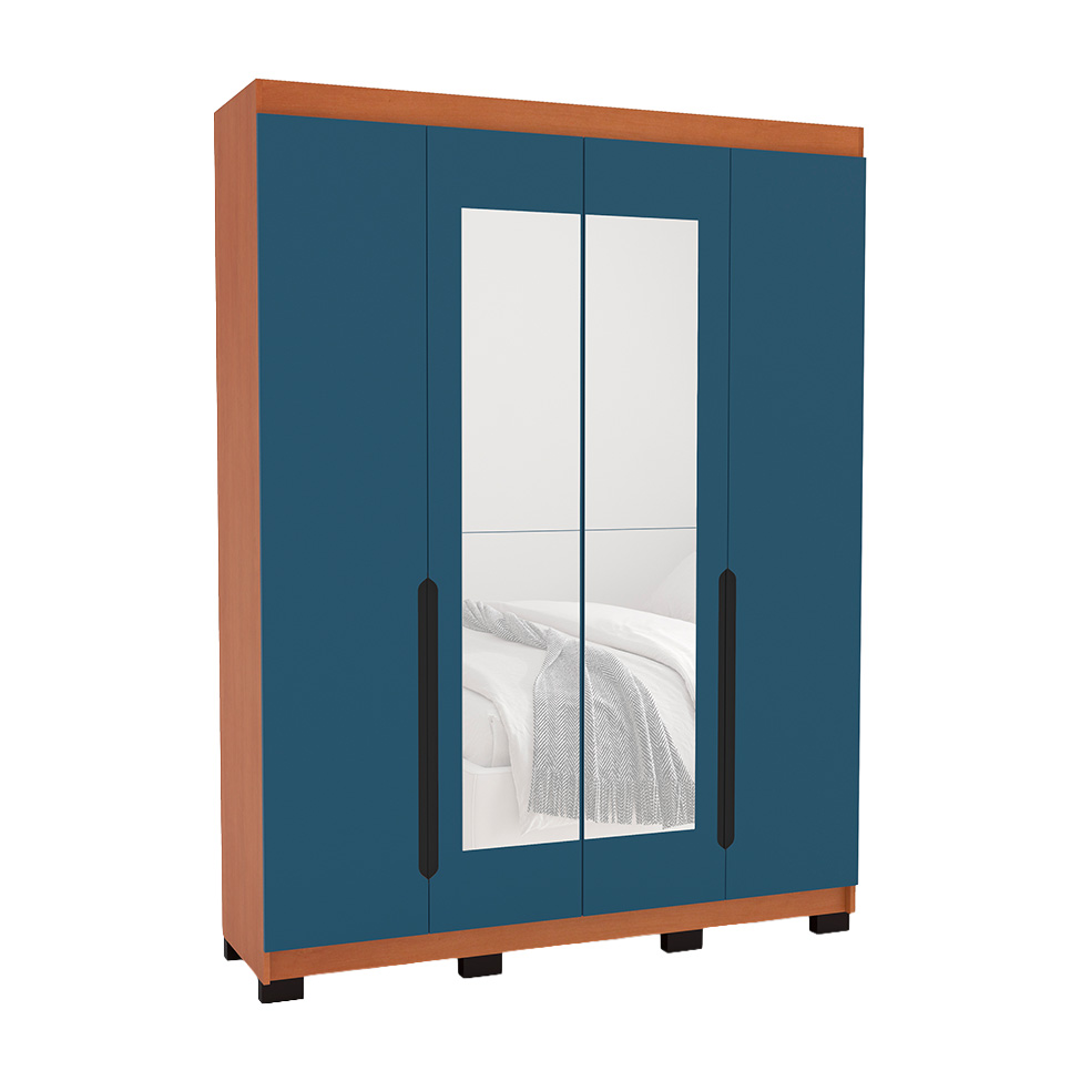 Guarda-Roupa Solteiro com Espelho Madrid 4 Portas 4 Gavetas Freijó e Azul