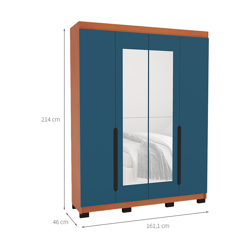 Guarda-Roupa Solteiro com Espelho Madrid 4 Portas 4 Gavetas Freijó e Azul