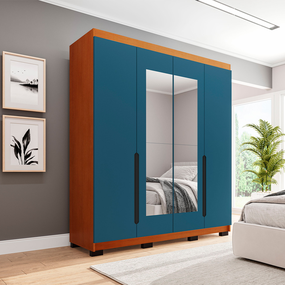 Guarda-Roupa Solteiro com Espelho Madrid 4 Portas 4 Gavetas Freijó e Azul