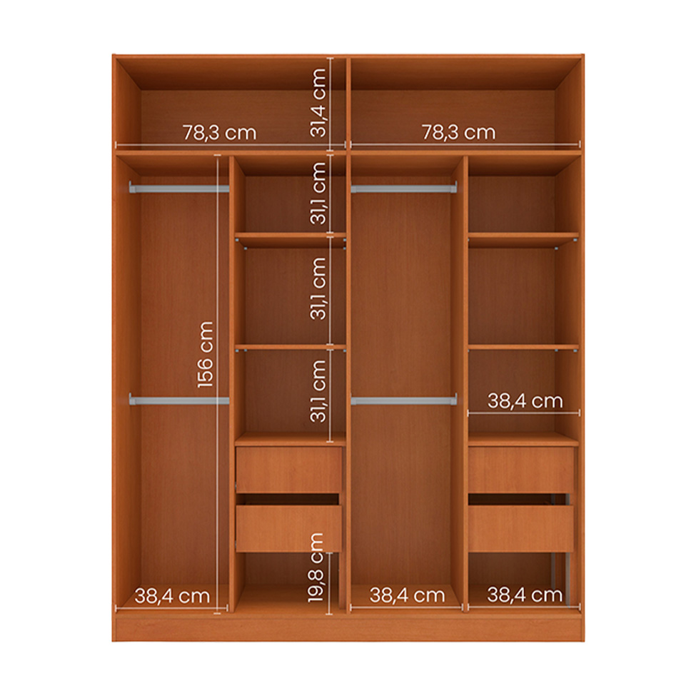 Guarda-Roupa Solteiro com Espelho Madrid 4 Portas 4 Gavetas Freijó e Azul