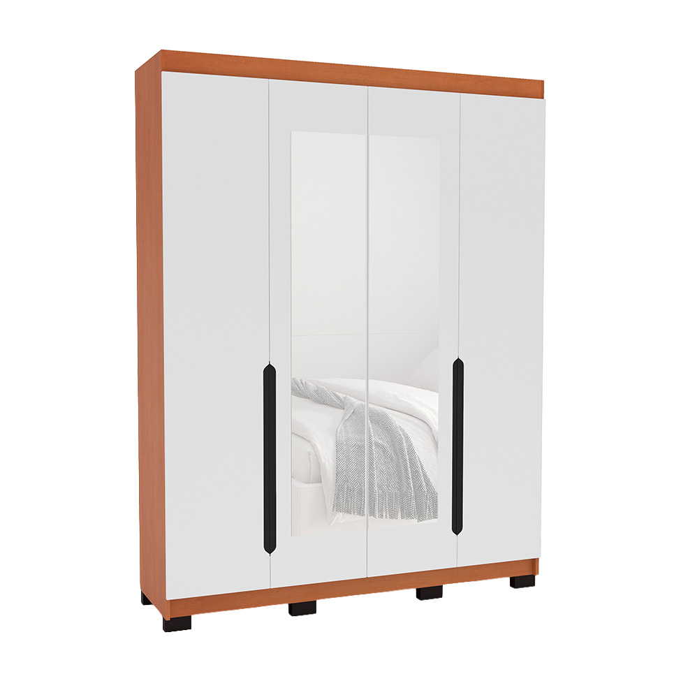 Guarda-Roupa Solteiro com Espelho Madrid 4 Portas 4 Gavetas Freijó e Branco