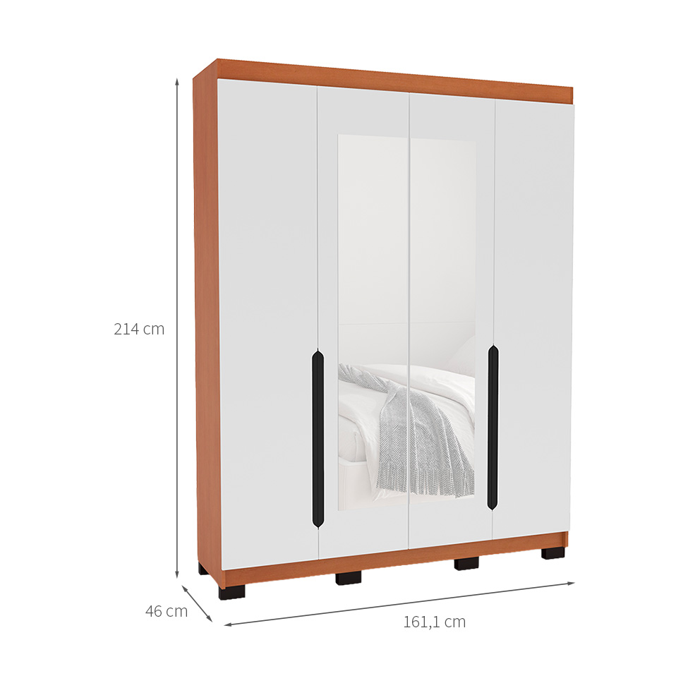 Guarda-Roupa Solteiro com Espelho Madrid 4 Portas 4 Gavetas Freijó e Branco
