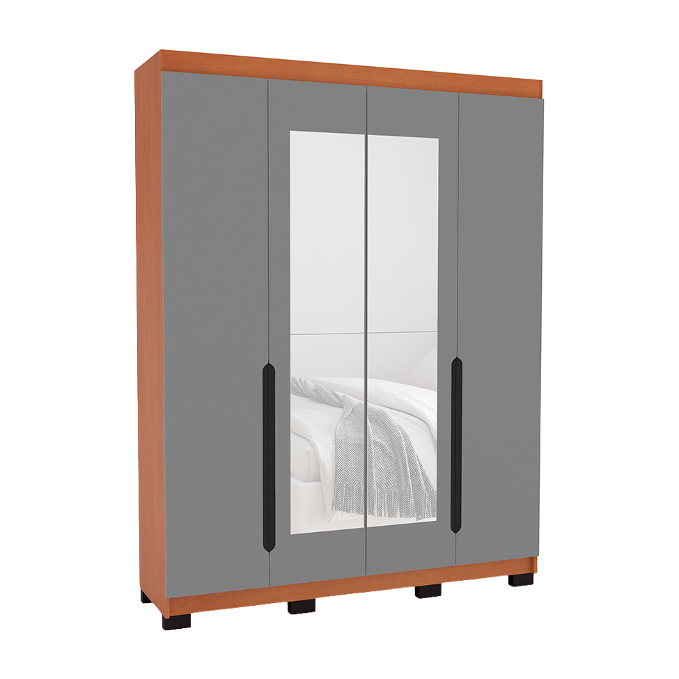 Guarda-Roupa Solteiro com Espelho Madrid 4 Portas 4 Gavetas Freijó e Cinza