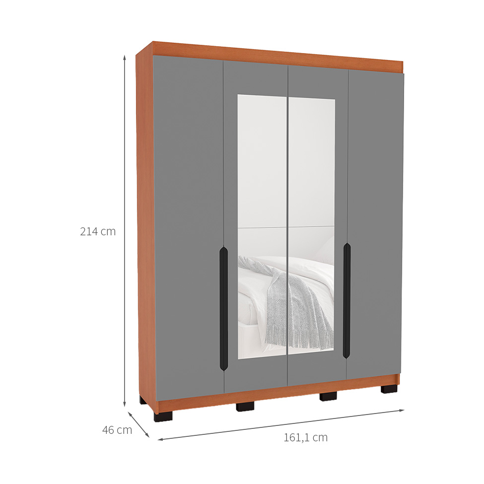 Guarda-Roupa Solteiro com Espelho Madrid 4 Portas 4 Gavetas Freijó e Cinza