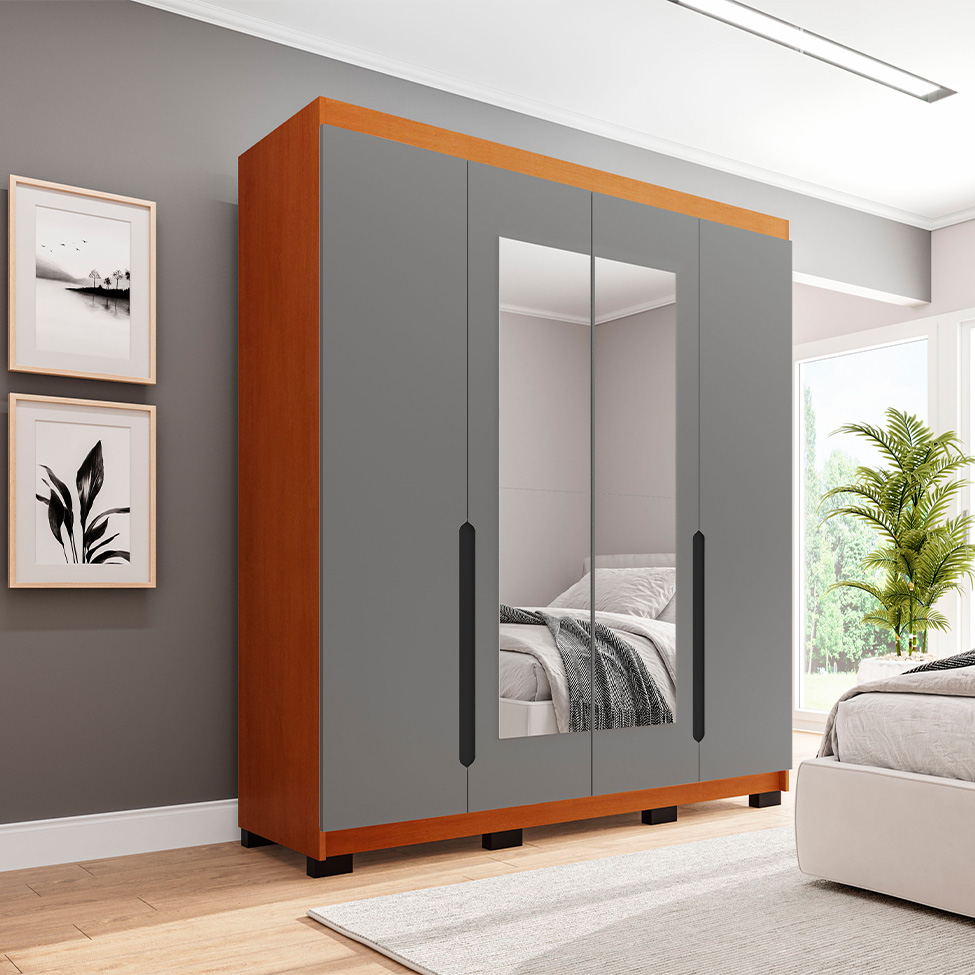 Guarda-Roupa Solteiro com Espelho Madrid 4 Portas 4 Gavetas Freijó e Cinza