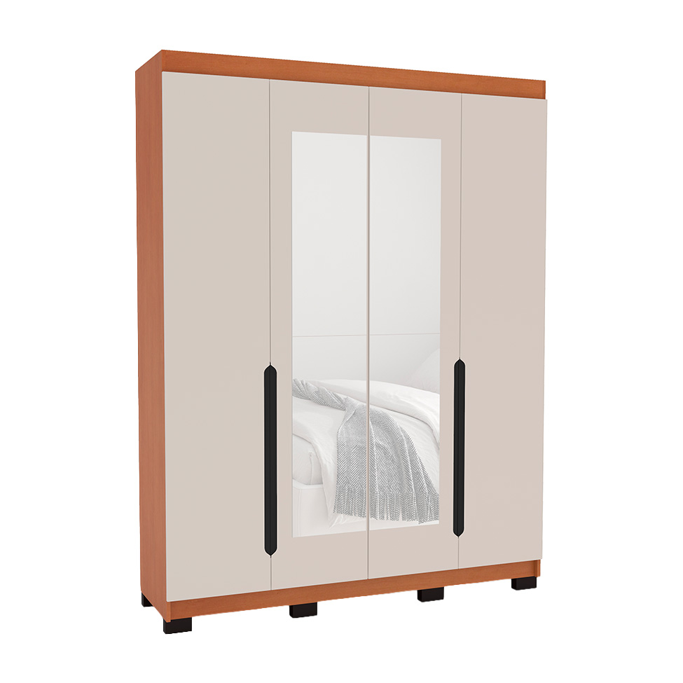 Guarda-Roupa Solteiro com Espelho Madrid 4 Portas 4 Gavetas Freijó e Creme