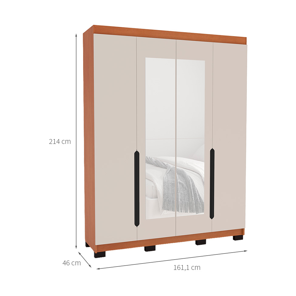 Guarda-Roupa Solteiro com Espelho Madrid 4 Portas 4 Gavetas Freijó e Creme