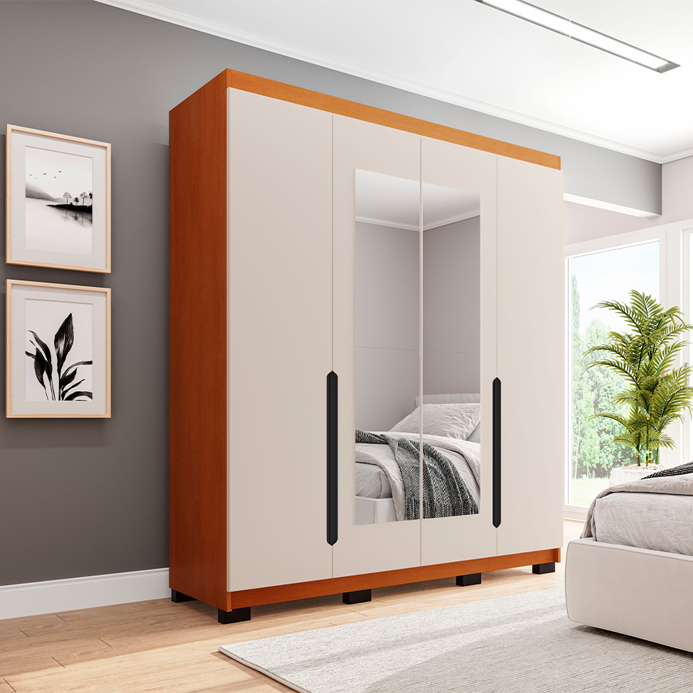 Guarda-Roupa Solteiro com Espelho Madrid 4 Portas 4 Gavetas Freijó e Creme