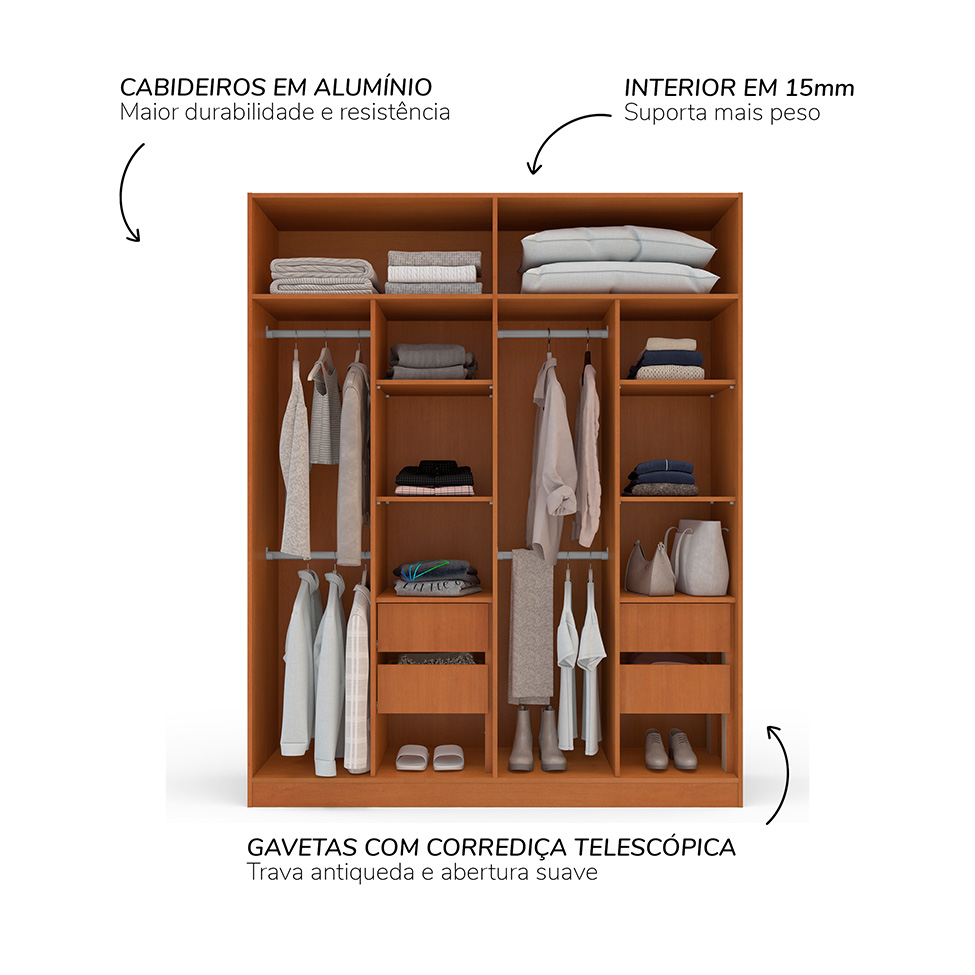 Guarda-Roupa Solteiro com Espelho Madrid 4 Portas 4 Gavetas Freijó e Creme