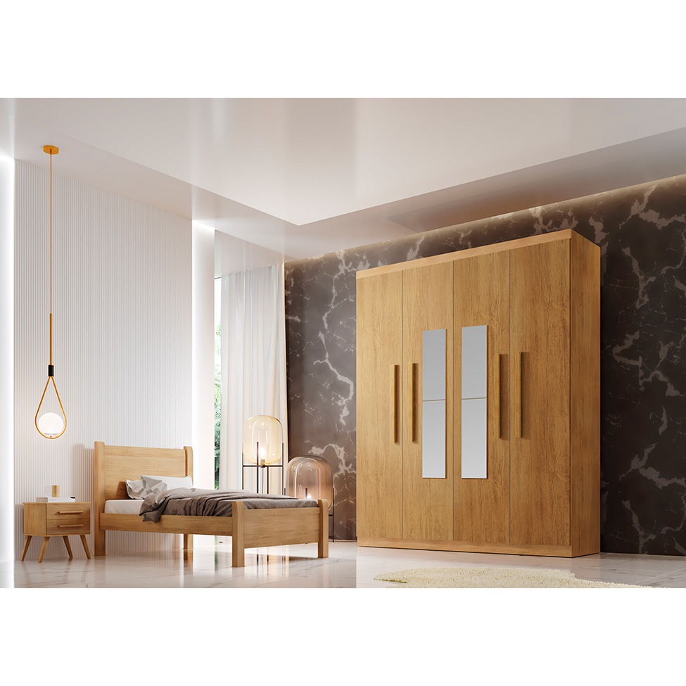 Guarda-Roupa Solteiro com Espelho Malibu 100% MDF 4 Portas 2 Gavetas Imbuia