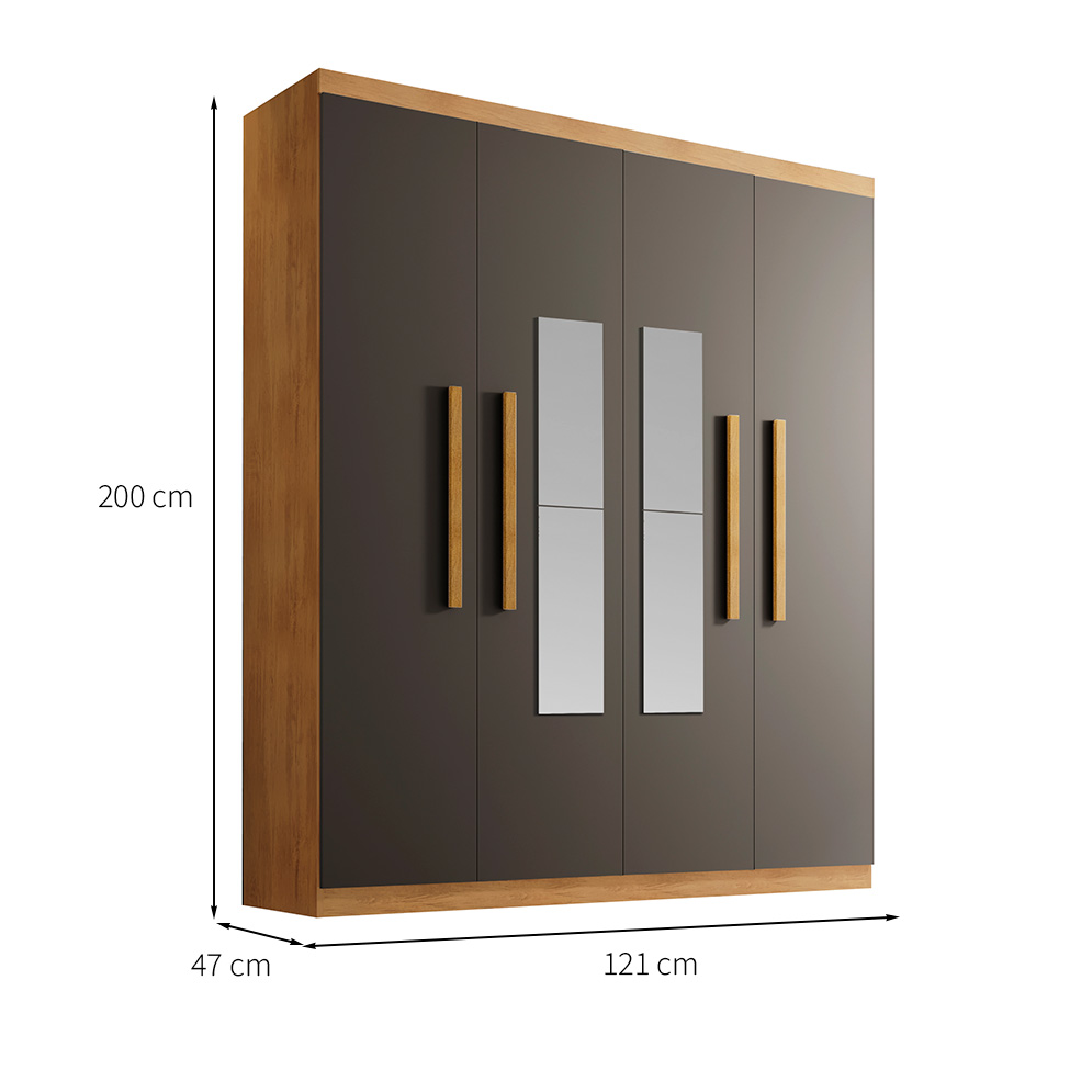 Guarda-Roupa Solteiro com Espelho Malibu 100% MDF 4 Portas 2 Gavetas Imbuia e Grafite