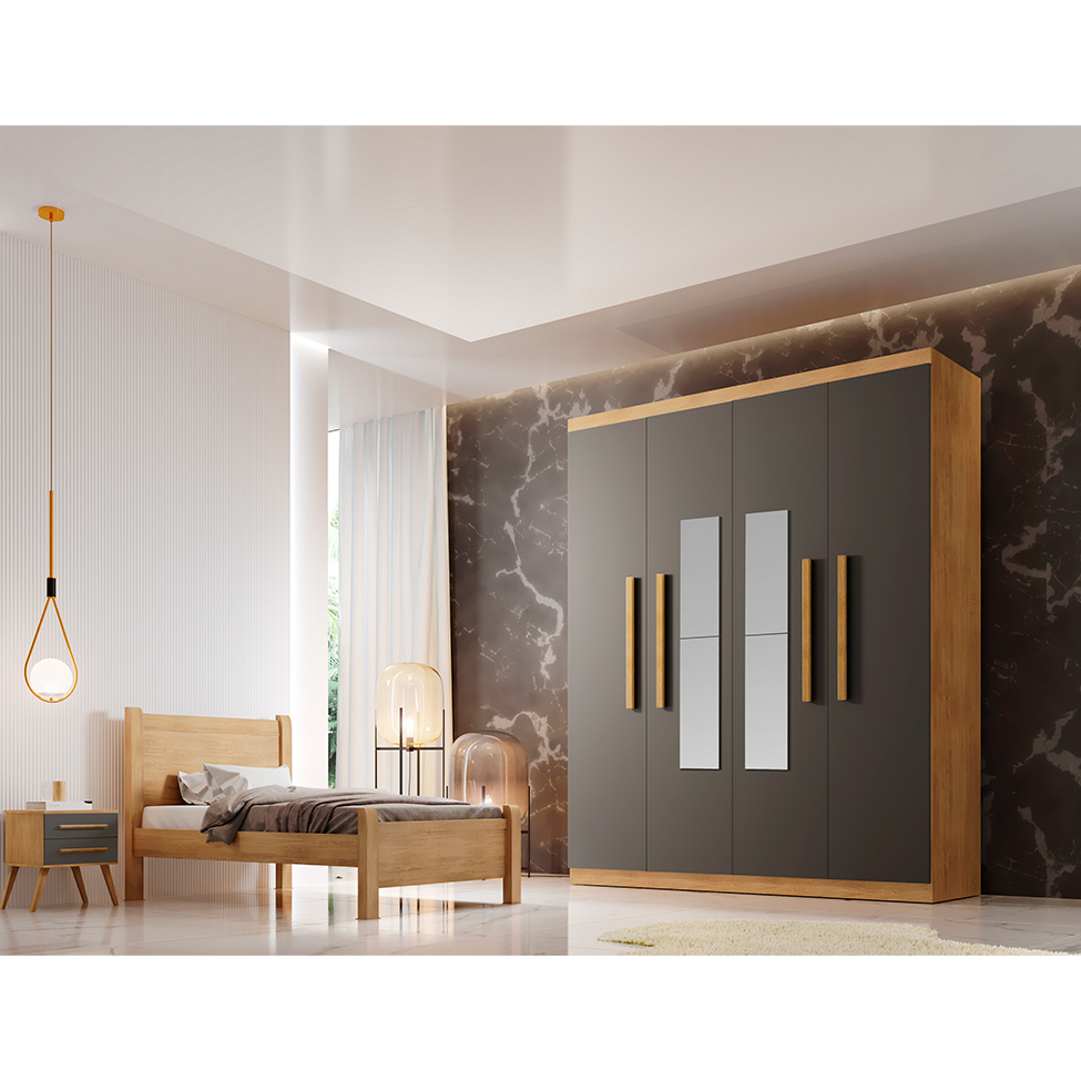 Guarda-Roupa Solteiro com Espelho Malibu 100% MDF 4 Portas 2 Gavetas Imbuia e Grafite