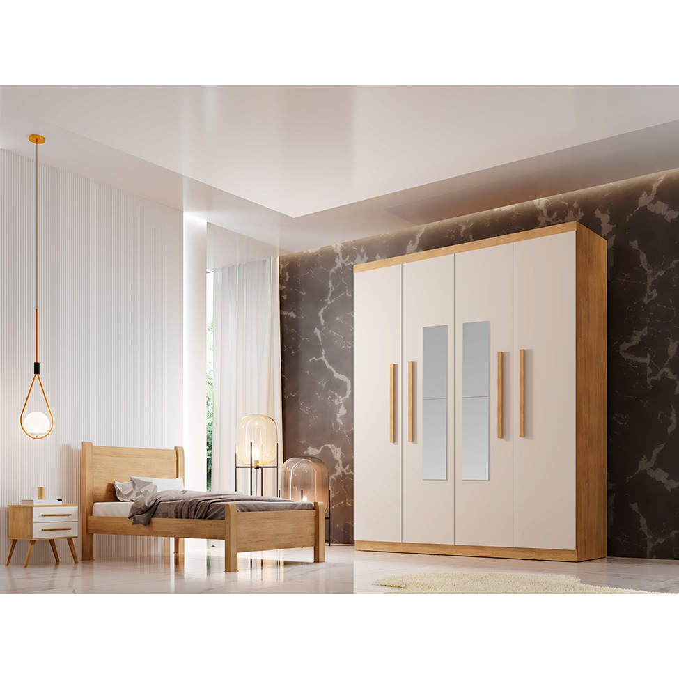 Guarda-Roupa Solteiro com Espelho Malibu 4 Portas 2 Gavetas Imbuia e Off White