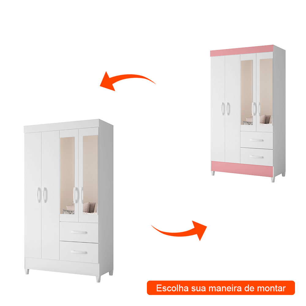 Guarda-Roupa Solteiro com Espelho Mobi Flex 4 Portas 2 Gavetas Branco
