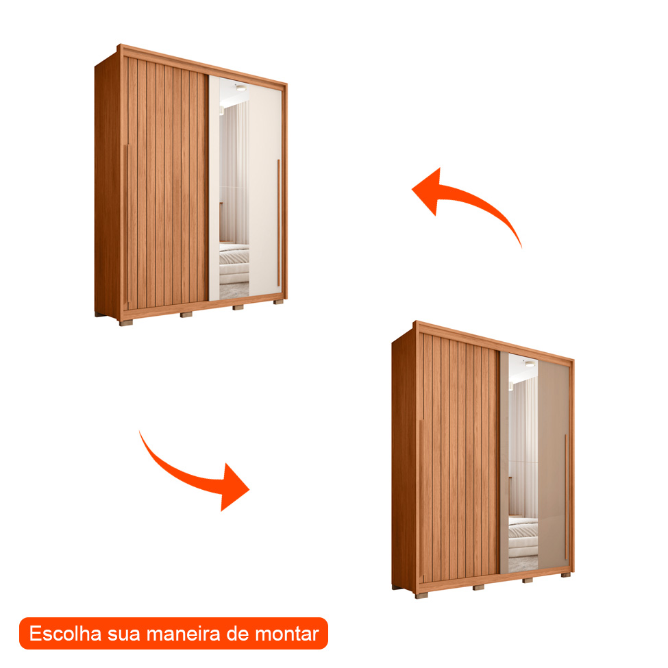 Guarda-Roupa Solteiro com Espelho Moviment Ripado Flex 2 Portas 3 Gavetas Freijó