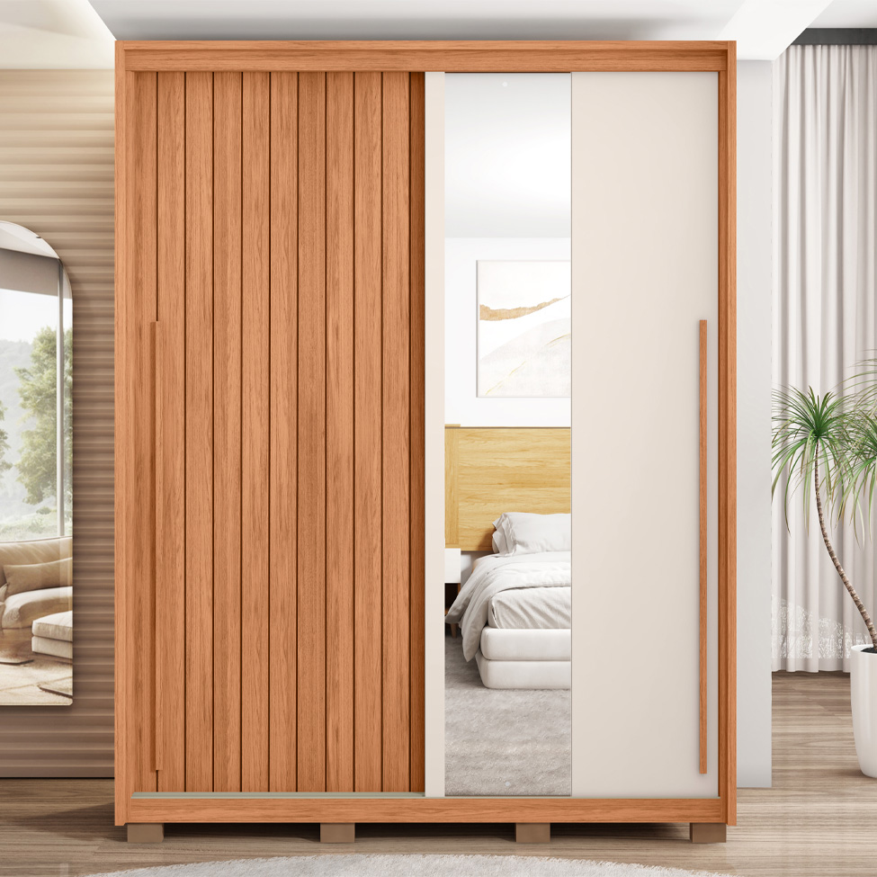 Guarda-Roupa Solteiro com Espelho Moviment Ripado Flex 2 Portas 3 Gavetas Freijó