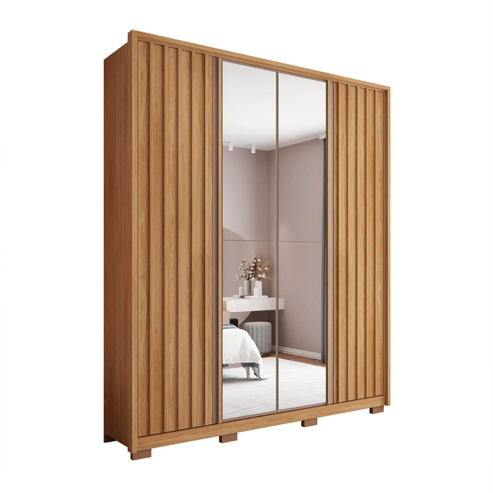 Guarda-Roupa Solteiro com Espelho New Apollo Ripado 4 Portas 3 Gavetas Buriti e Fendi