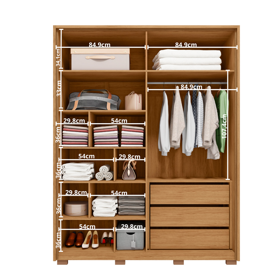 Guarda-Roupa Solteiro com Espelho New Apollo Ripado 4 Portas 3 Gavetas Buriti e Fendi