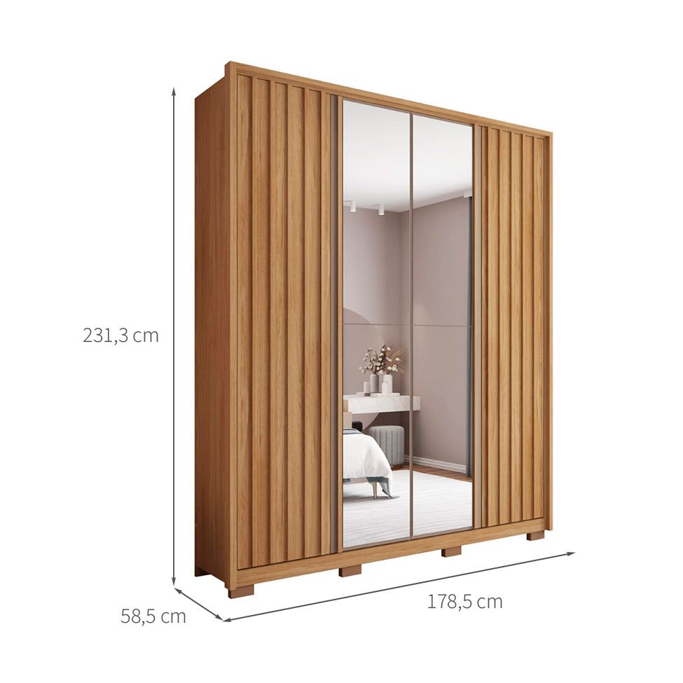Guarda-Roupa Solteiro com Espelho New Apollo Ripado 4 Portas 3 Gavetas Buriti e Fendi